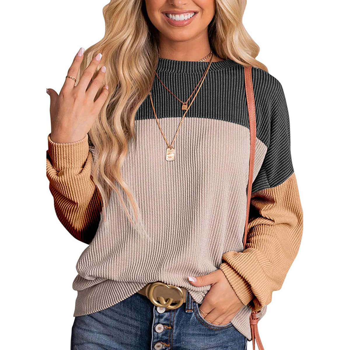 Women's Color Block Long Sleeve Knit Pullover Top