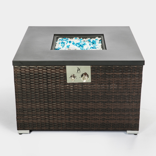 Outdoor Square Gas Fire Pit Table – 40,000 BTU Dark Brown Wicker, 32" Propane Fire Table