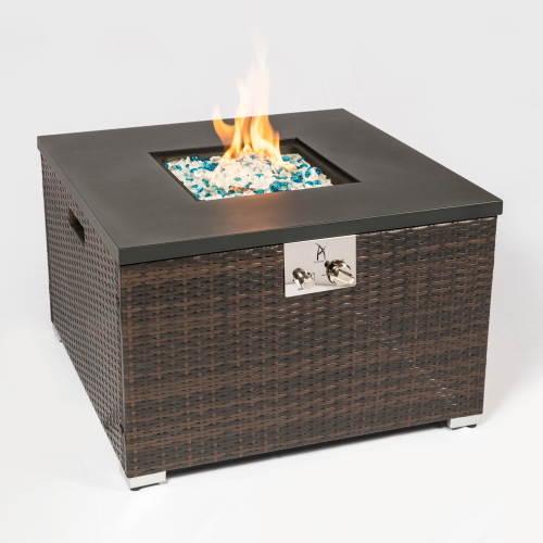 Outdoor Square Gas Fire Pit Table – 40,000 BTU Dark Brown Wicker, 32" Propane Fire Table