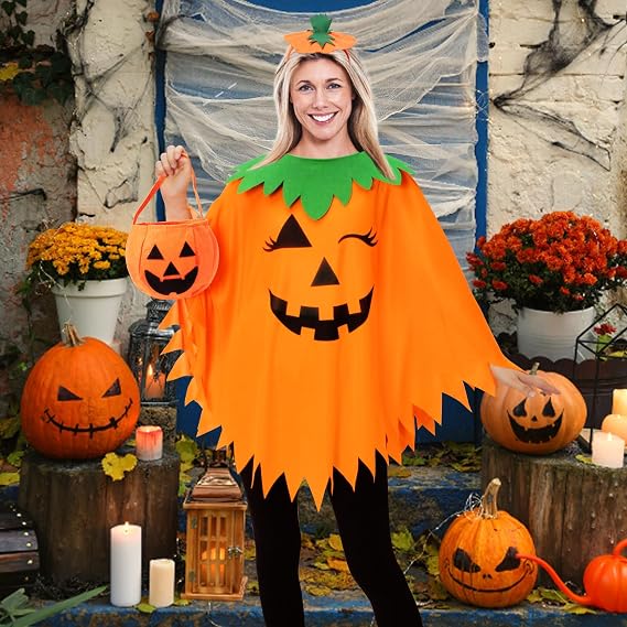 3-Piece Pumpkin Halloween Costume for Women – Poncho, Headband & Candy Bag