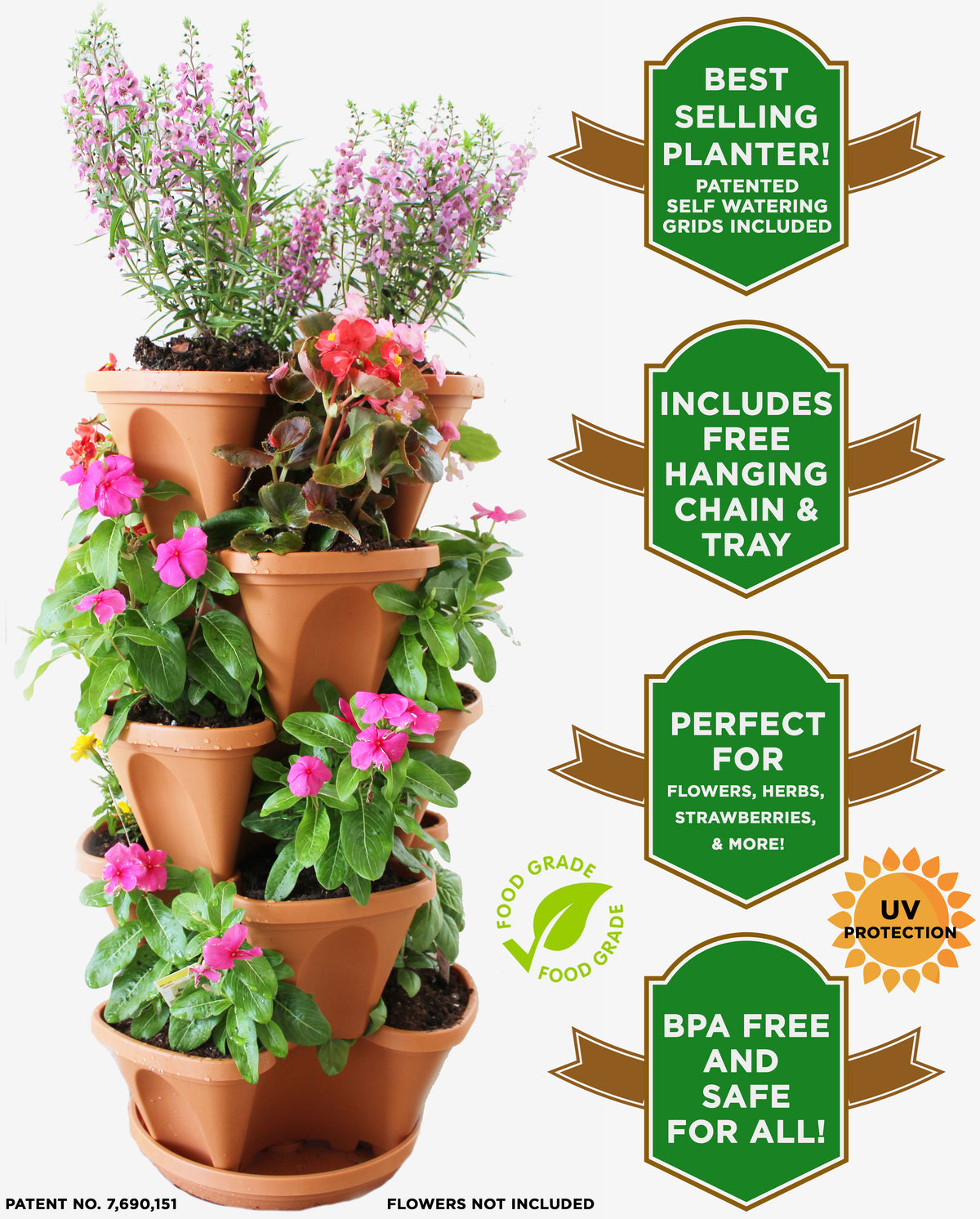 5-Tier Self-Watering Stacking Planters — Freestanding or Hanging