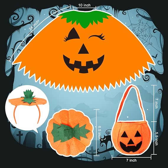3-Piece Pumpkin Halloween Costume for Women – Poncho, Headband & Candy Bag
