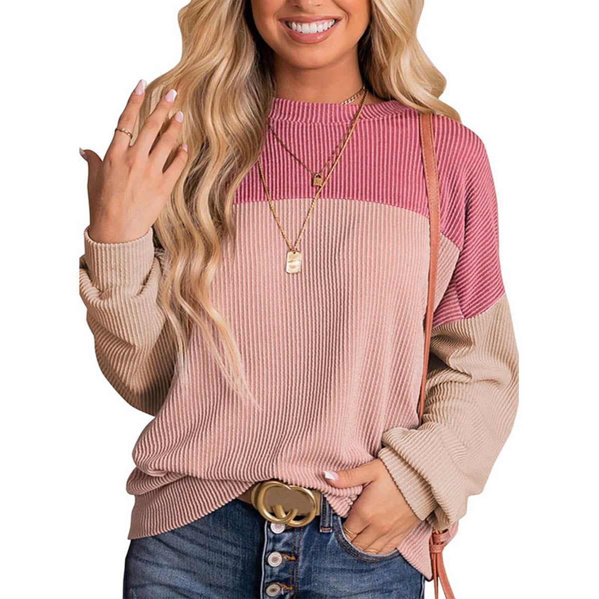 Women's Color Block Long Sleeve Knit Pullover Top