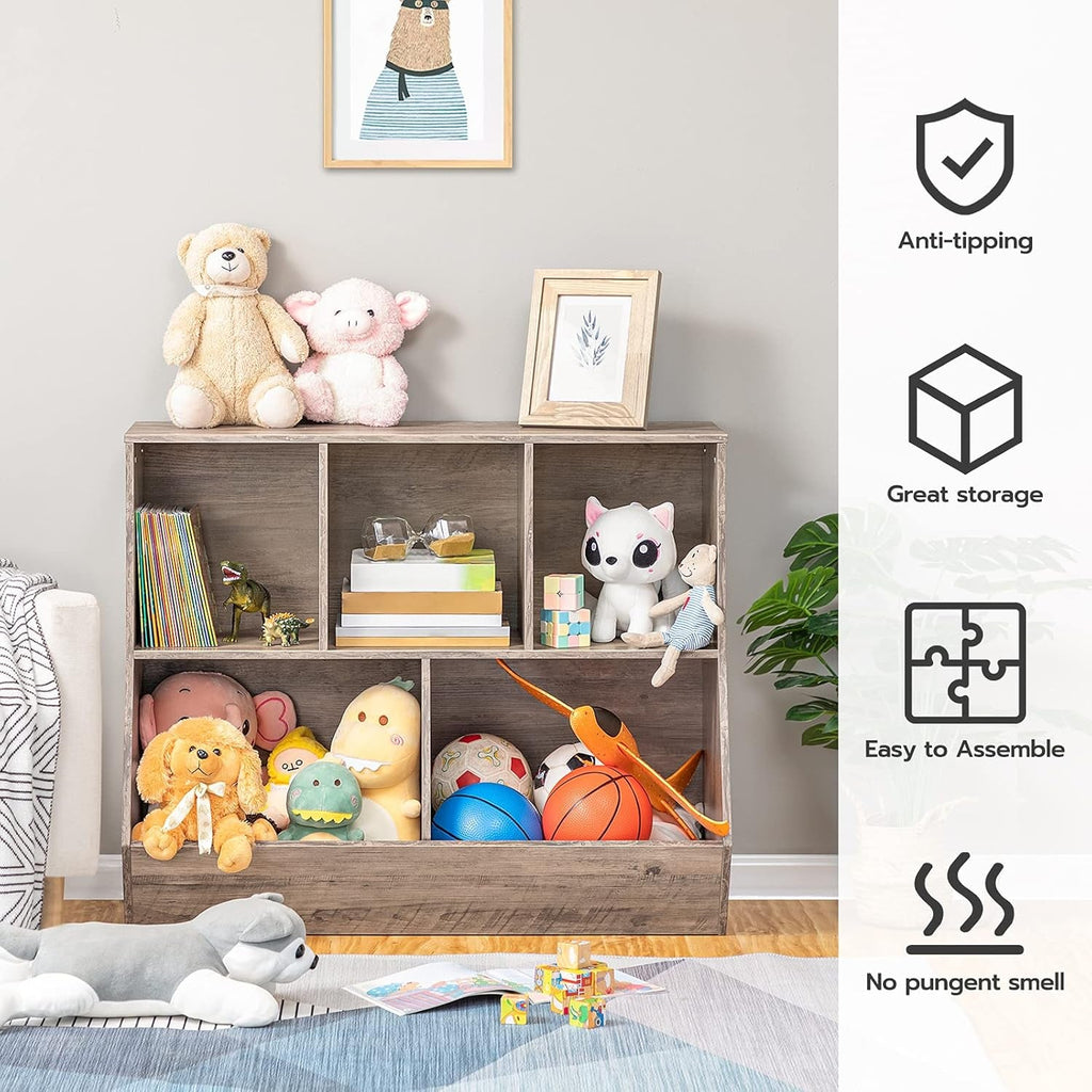 Kids Bookshelf & Toy Storage Cabinet — 35" Wide, Greige