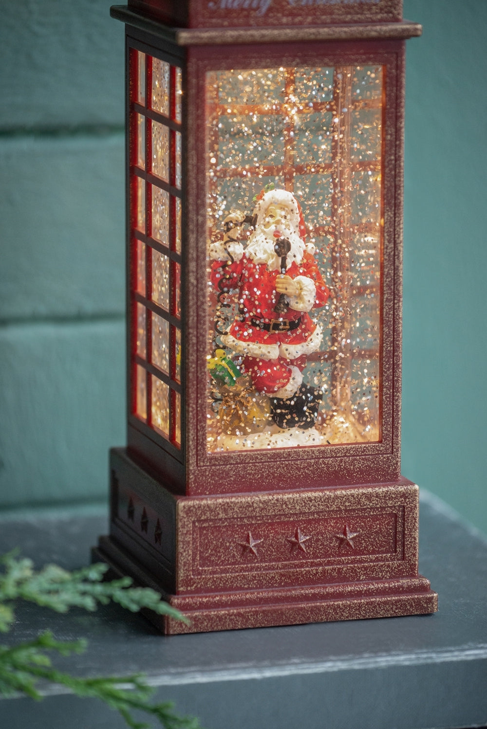 Lighted Christmas Santa Phone Booth – Water-Spinning Holiday Tabletop Decor