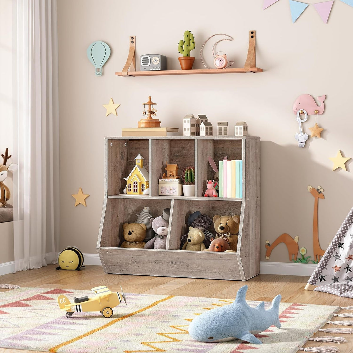 Kids Bookshelf & Toy Storage Cabinet — 35" Wide, Greige