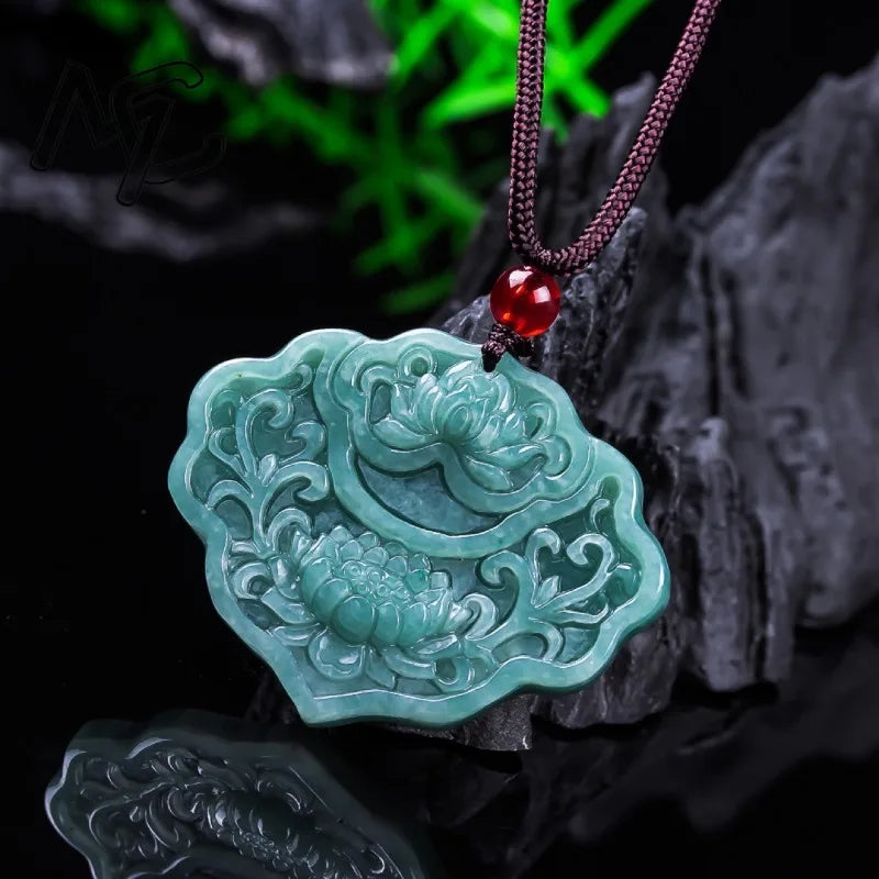Real Burmese A Emerald Jade Blue Water Ruyi Lotus Pendant Amulets Natural Emerald Jewelry Gifts Certificate Sweater Chain Women