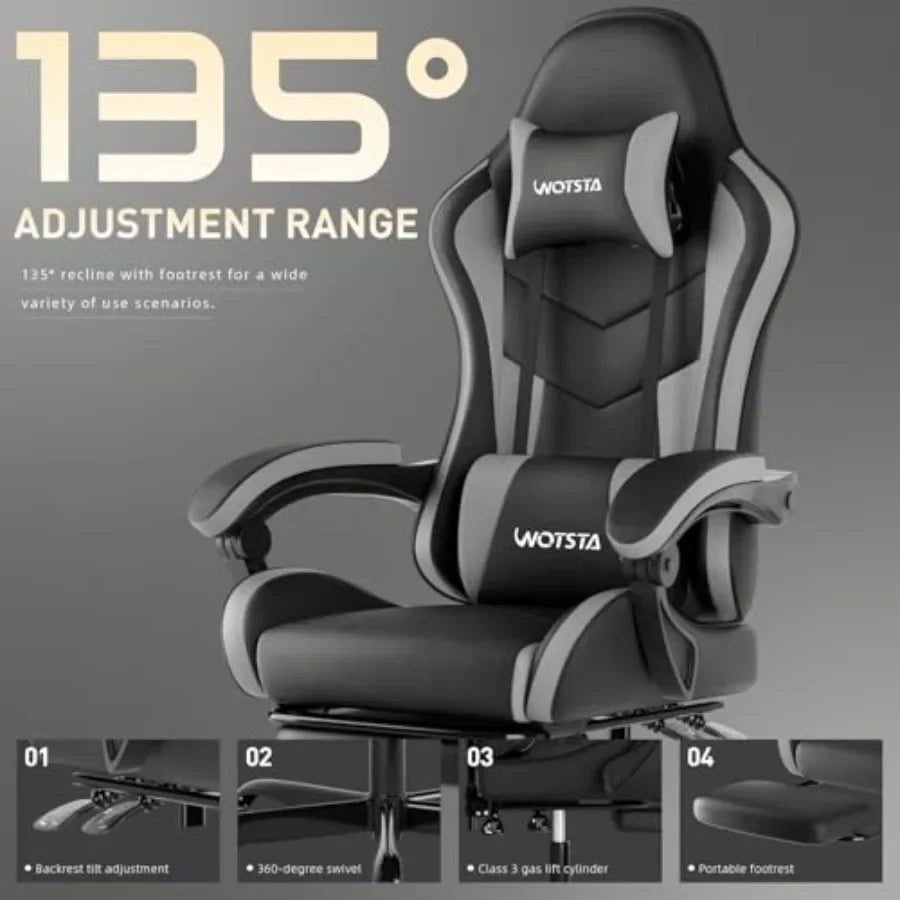 Ergonomic Gaming Office Chair with Footrest, Racing Design in Black for Enhanced Comfort and Support